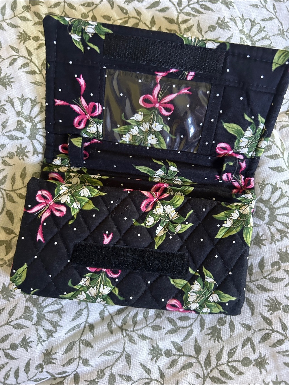 Vera Bradley Quilted Fold-Over Wallet in Black, Green & Pink - Picture 3 of 3